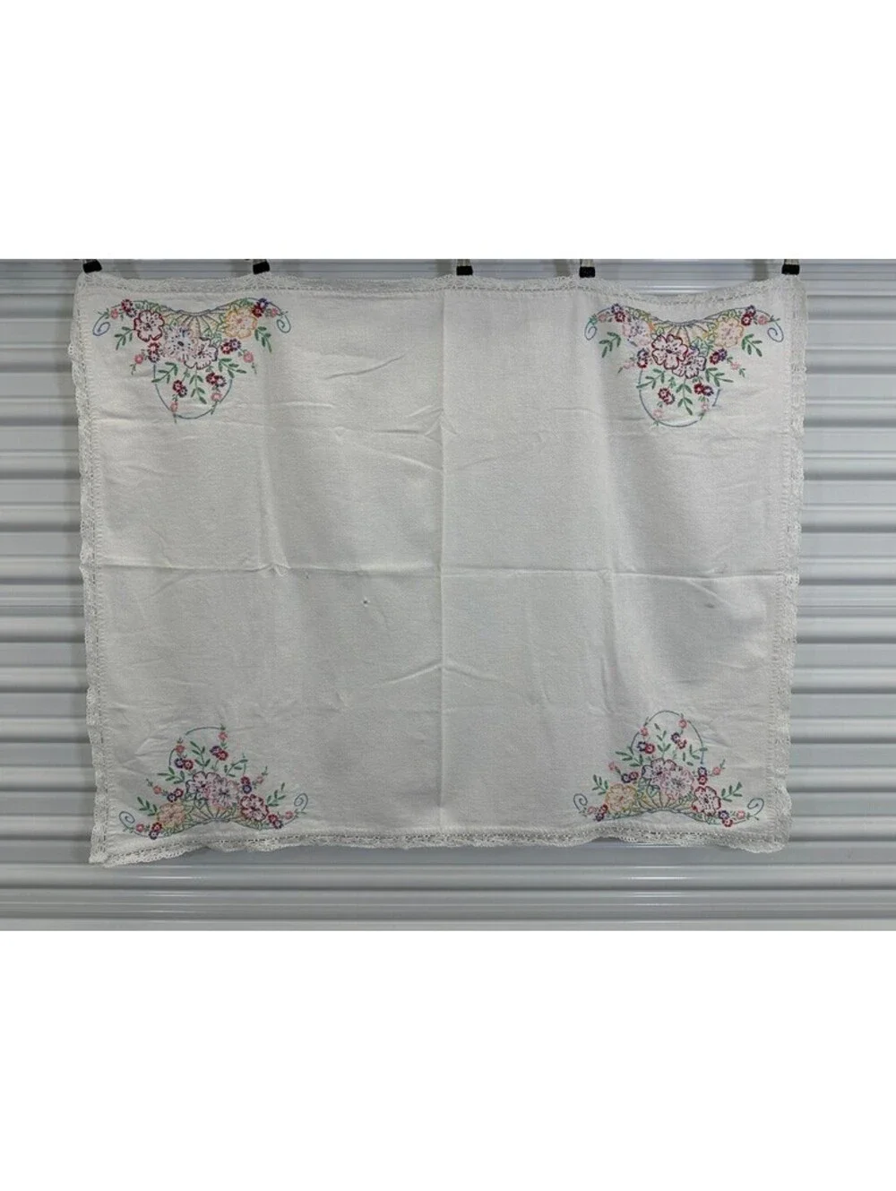 Vintage Hand Embroidered Flower Baskets Hand Crochet Trim Tablecloth